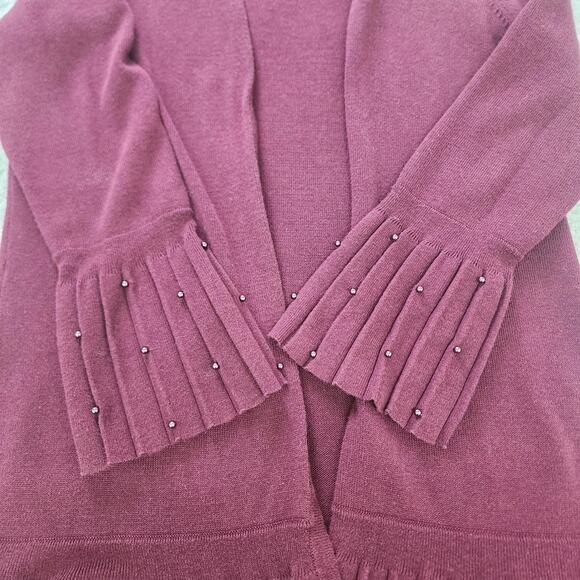 Chico’s Open Front Cardigan Sweater Pleated Hem Embellished Burgundy Wine Small - Picture 7 of 11